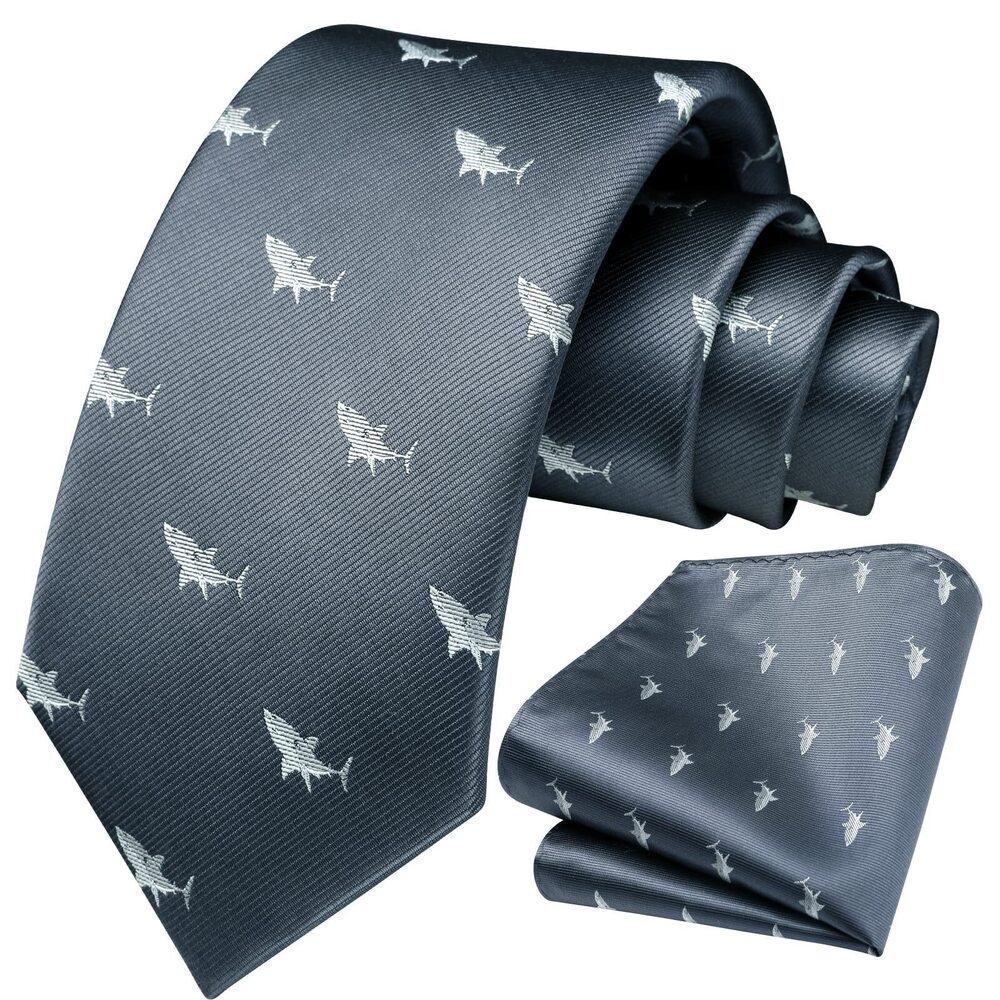 4116 Animal Ties Gray Tie and Pocket Square Classic Woven Shark 's Neckties
